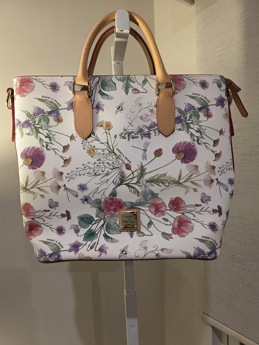 Dooney & Bourke White Floral Satchel with Tan Handles